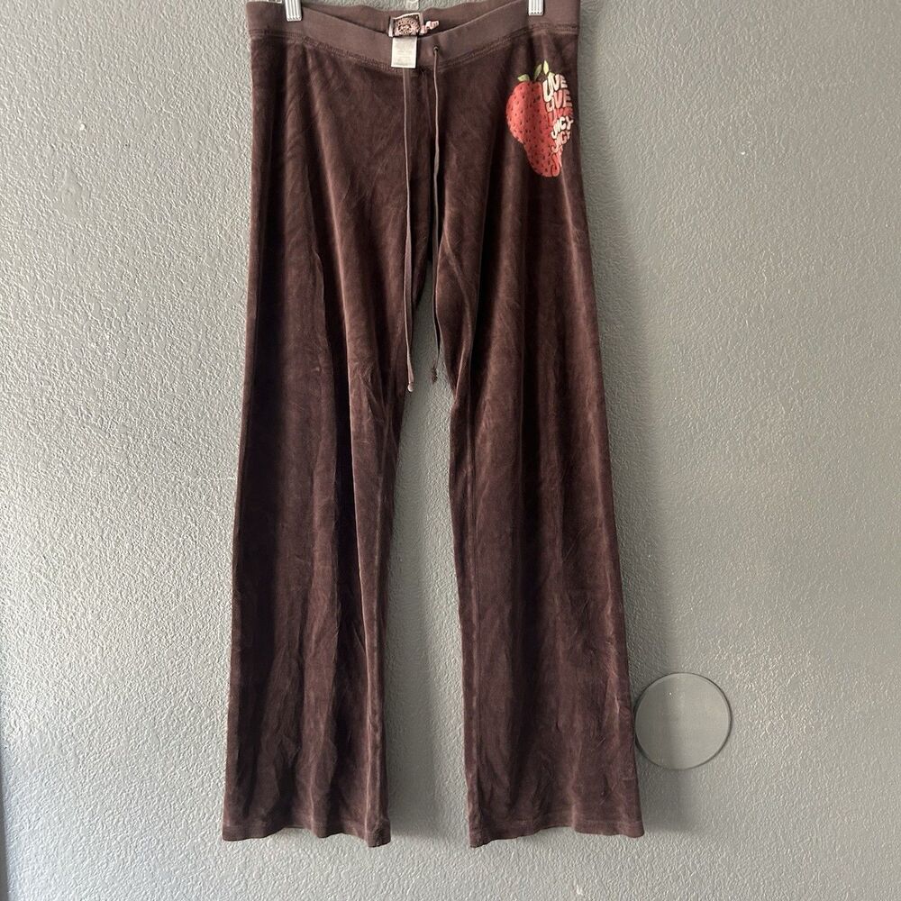 Rare Vtg Y2K Juicy Couture Brown Velour Retro Strawberry Love Track Pants S